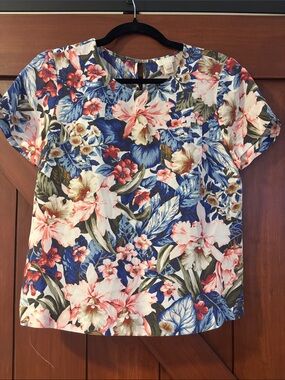 J. Crew Floral Short Sleeve Top in Blue, Pink & Cream